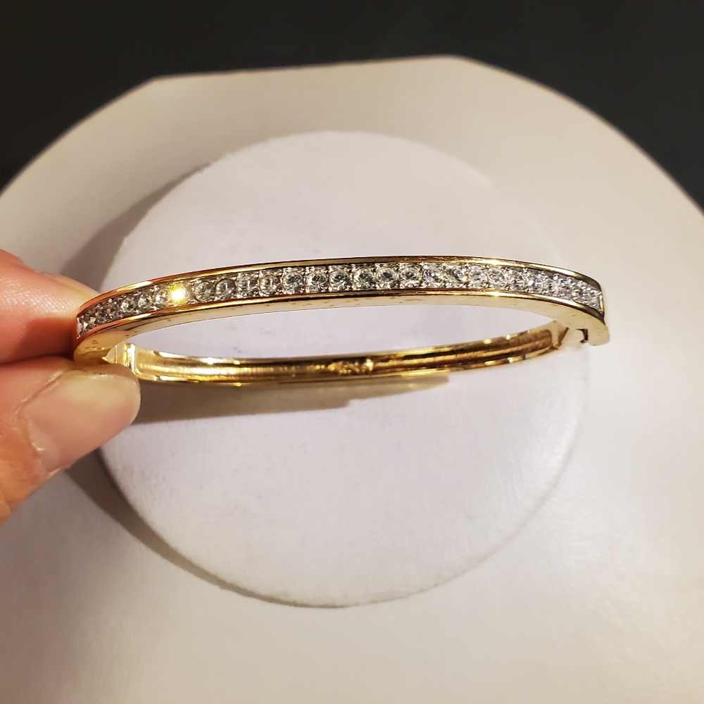 Gold Crystal-Accented Hinged Bangle Bracelet